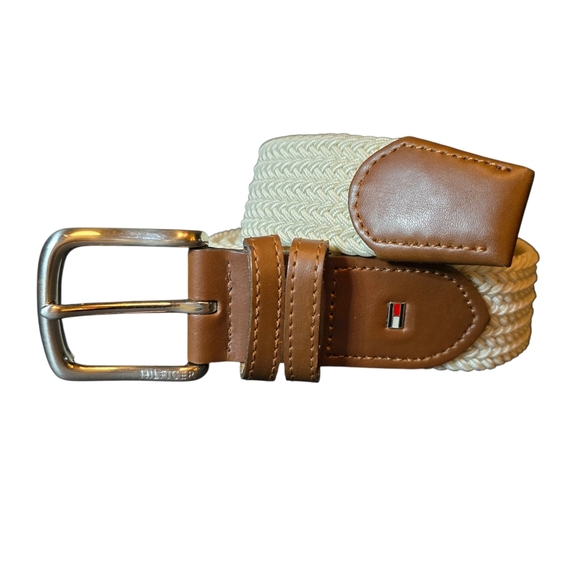 Tommy Hilfiger Other - Tommy Hilfiger Mens White Woven Stretch Belt Leather Trim Size Large (38 To 40)
